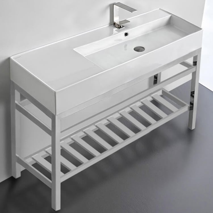 Scarabeo 5122-CON2-One Hole Rectangular Ceramic Console Sink and Polished Chrome Stand